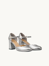 Silver Mary Janes In Spanish Metallic Leather For Women - Heel 6 cm - Florita Silver - Three-Quarter Packshot
