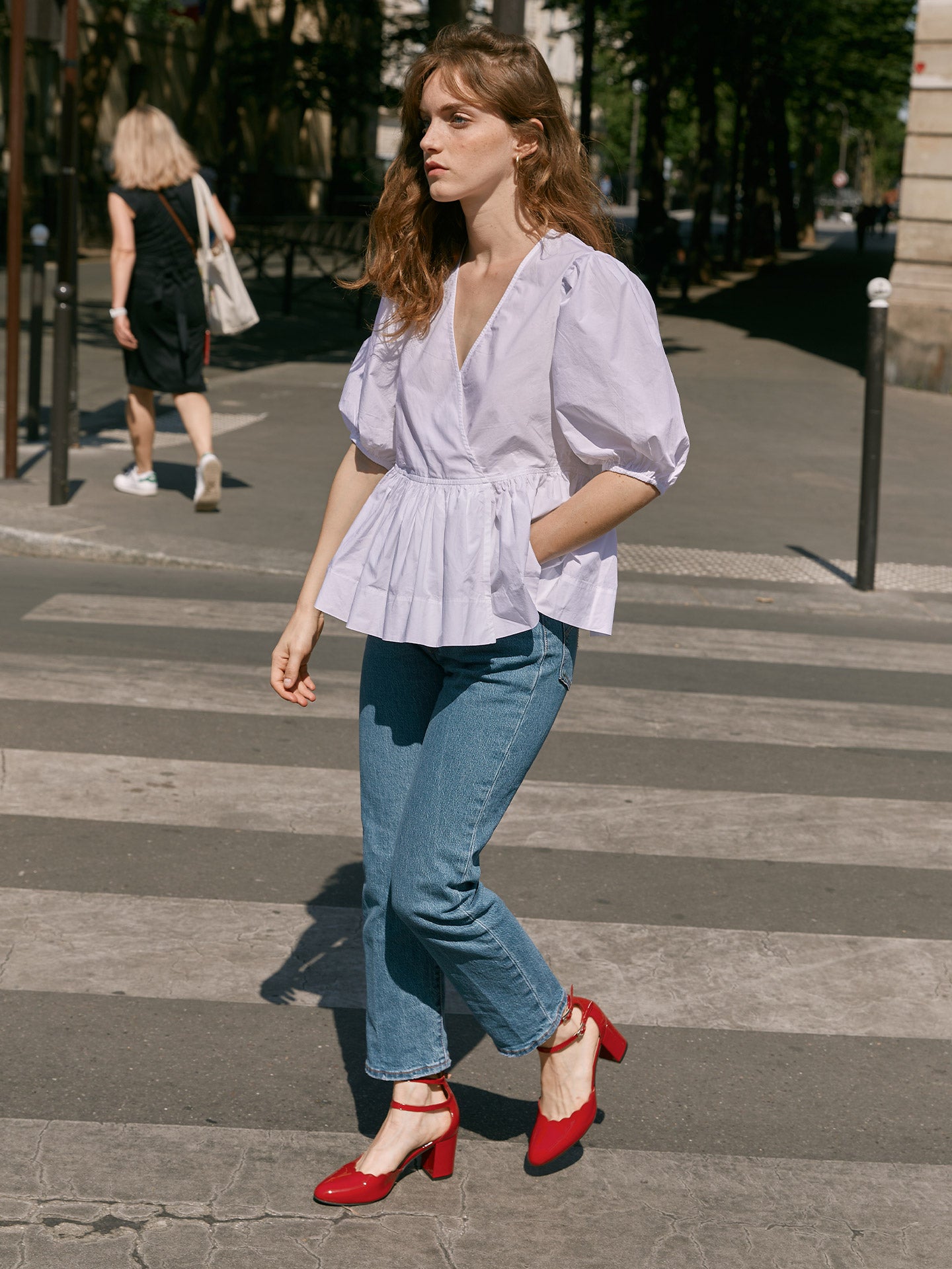 Red Mary Janes In Spanish Patent Leather For Women - Heel 6.5 cm - Flavie Red - Lifestyle Walking Pose