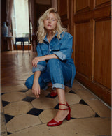 Red Mary Janes In Spanish Patent Leather For Women - Heel 6.5 cm - Flavie Red - Lifestyle Sitting Pose