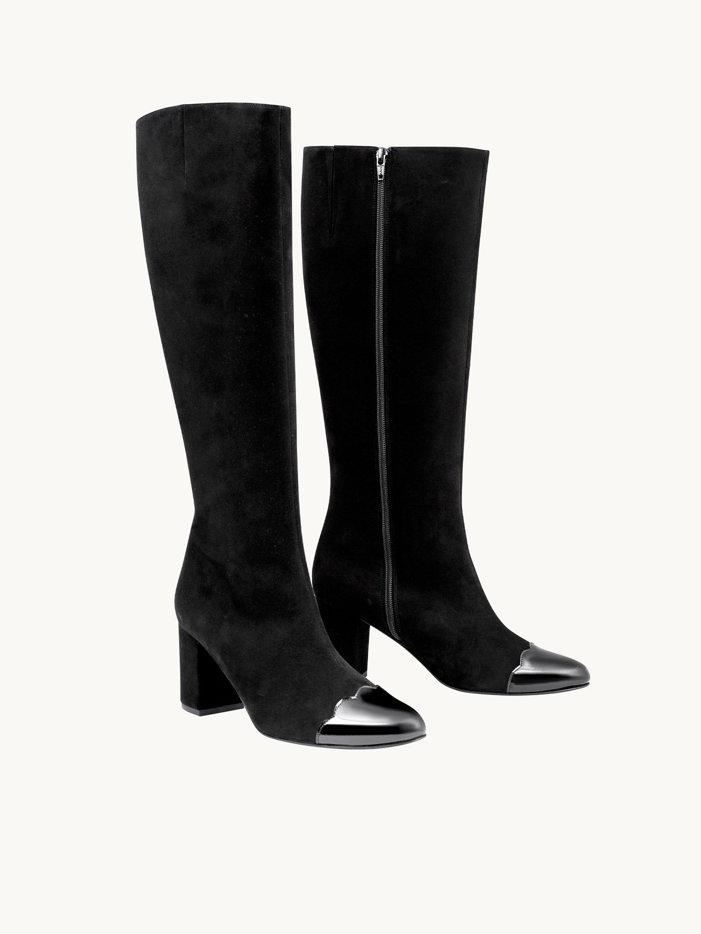 Bottes Noires Cuir verni d'Espagne Femme - Talon 6.5 cm - Freya Suede Black - Packshot Trois Quart