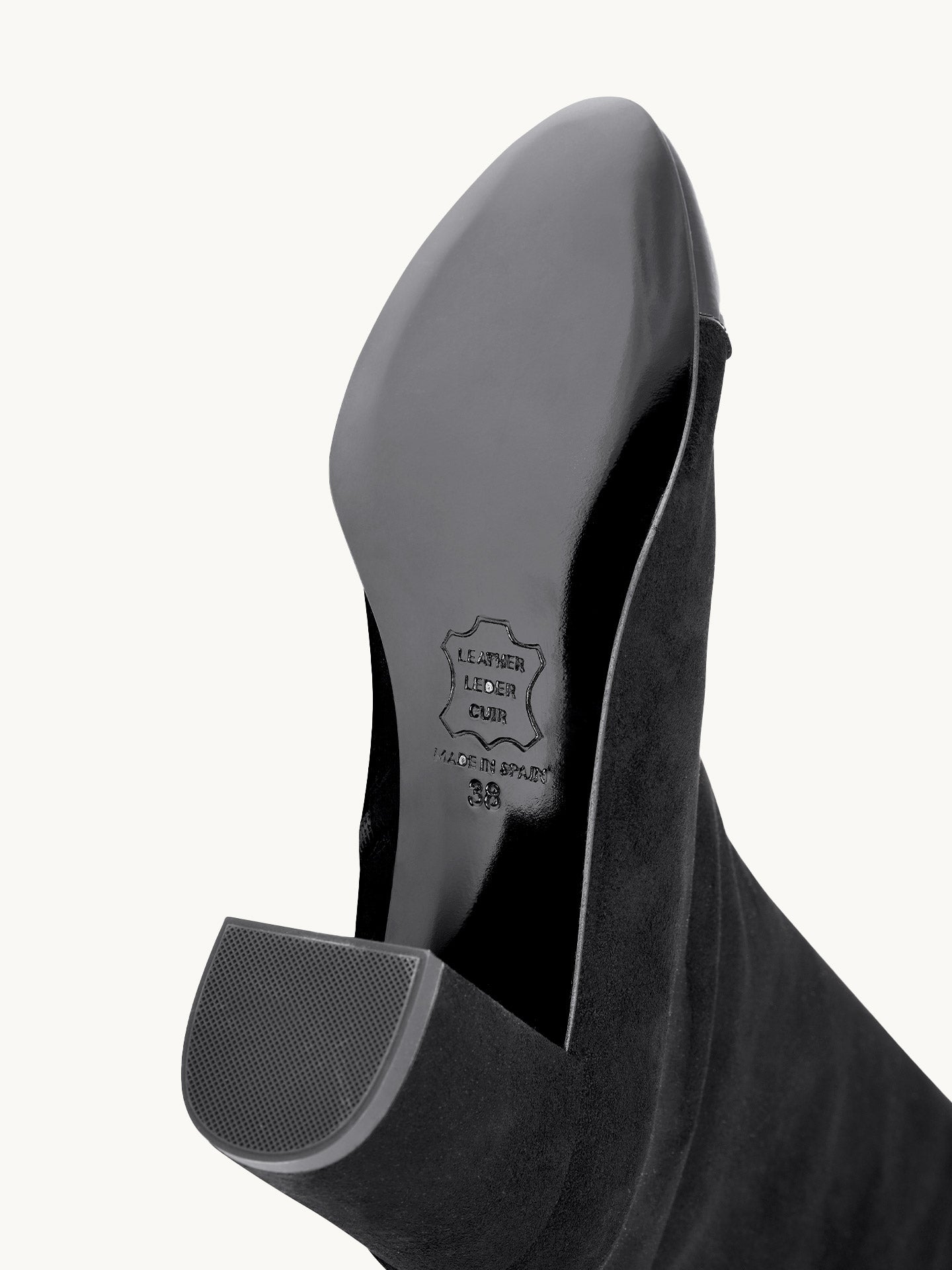 Bottes Noires Cuir verni d'Espagne Femme - Talon 6.5 cm - Freya Suede Black - Détail Semelle