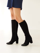 Bottes Noires Cuir verni d'Espagne Femme - Talon 6.5 cm - Freya Suede Black - Portées En Marche