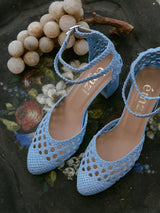 Chaussures tressées - Blue Braided Heeled Sandals in Woven Leather | Flavie Woven
