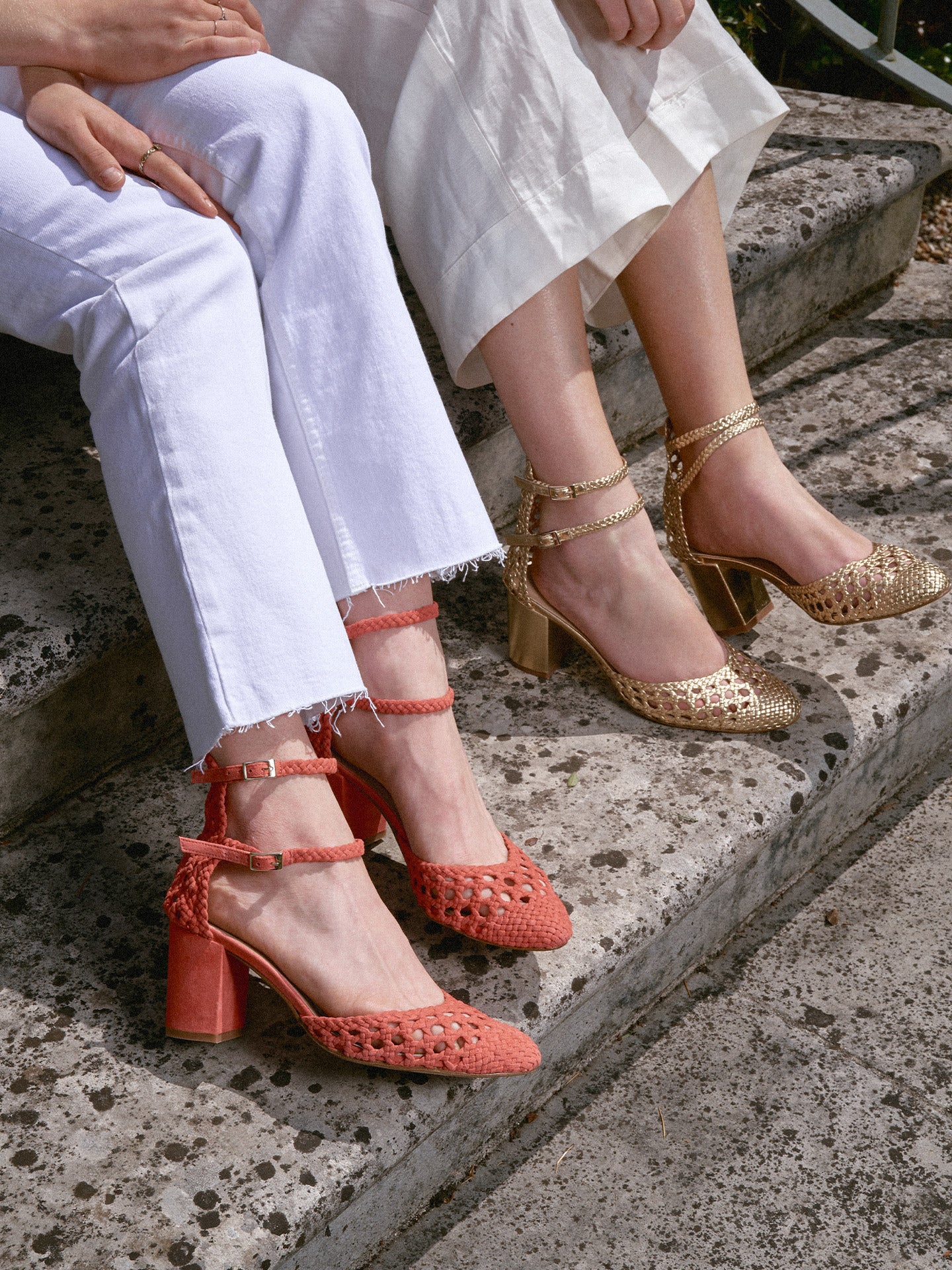Red Braided Heeled Sandals in Leather Woven | Flavie Woven coral