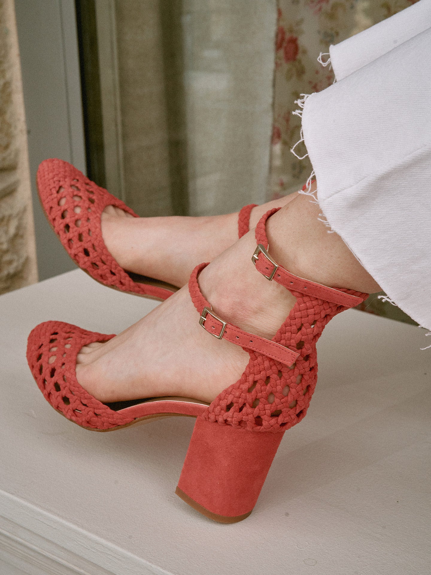 Red Braided Heeled Sandals in Leather Woven | Flavie Woven coral