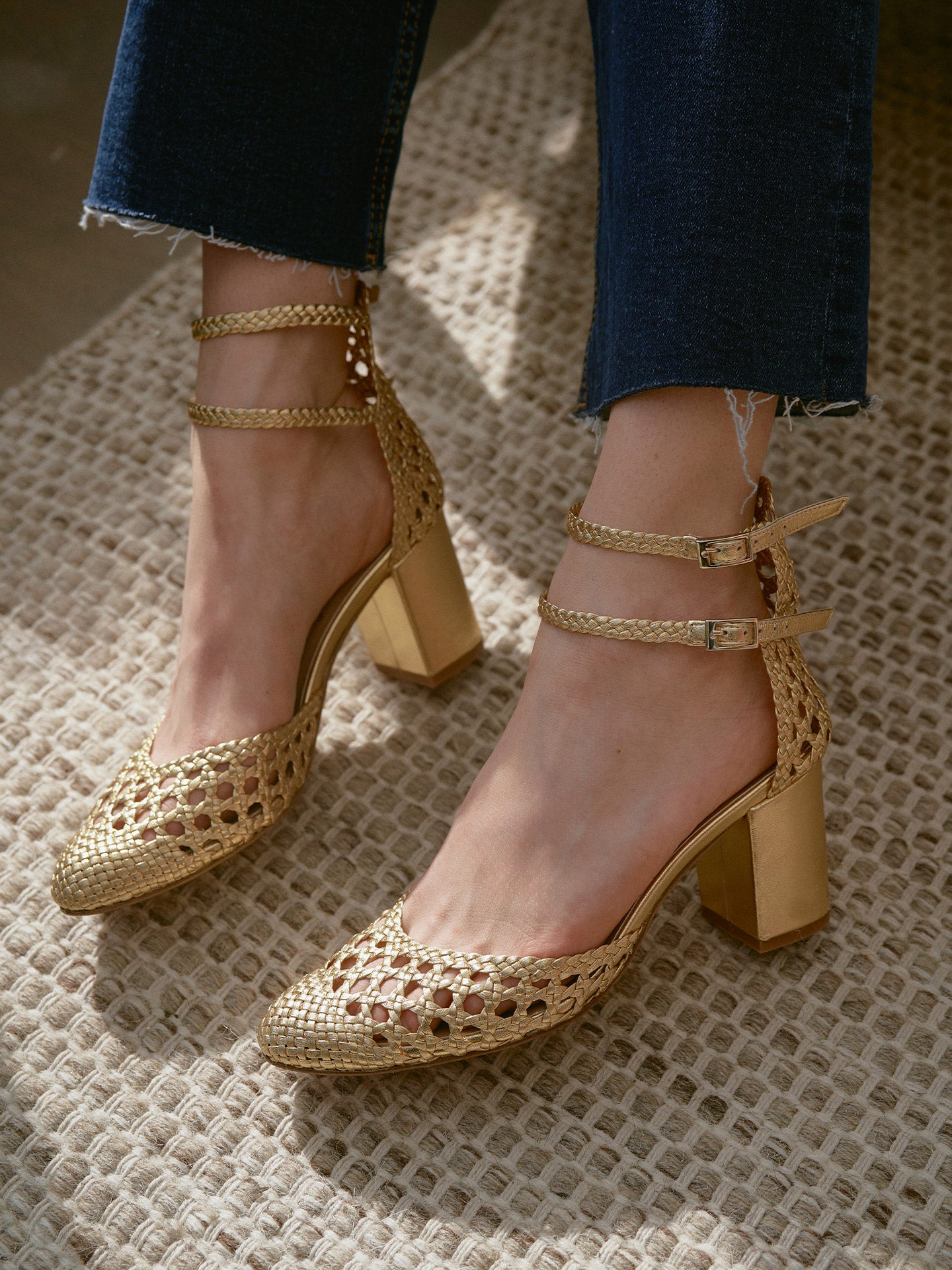 Gold Woven Heeled Sandals in Braided Leather | Flavie Woven Gold