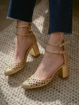 Gold Woven Heeled Sandals in Braided Leather | Flavie Woven Gold