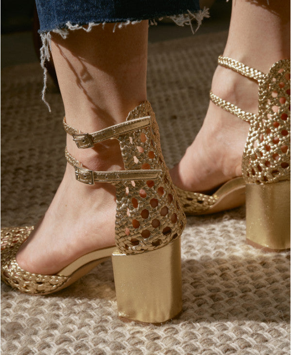 Gold Woven Heeled Sandals in Braided Leather | Flavie Woven Gold