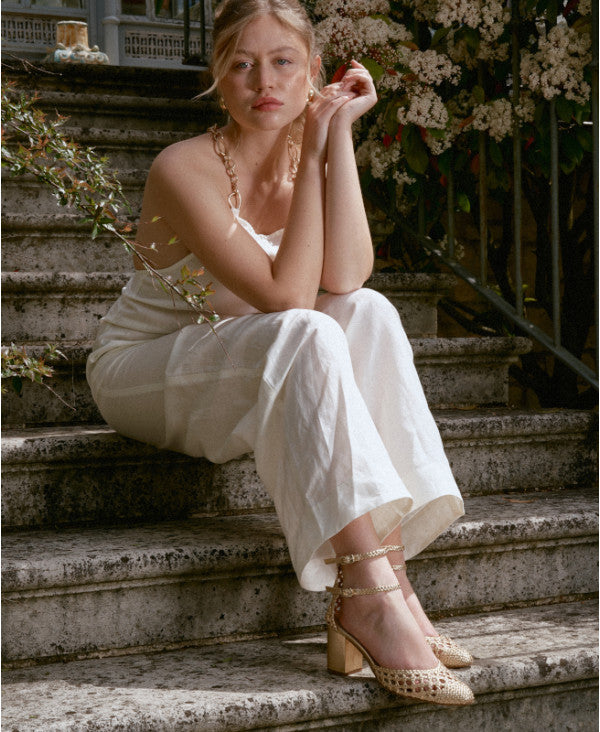 Gold Woven Heeled Sandals in Braided Leather | Flavie Woven Gold