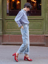 Spanish shoes - Red T-strap Mary Janes In Spanish Patent Leather For Women - Heel 6 cm - Rey Red - Lifestyle Walking Pose