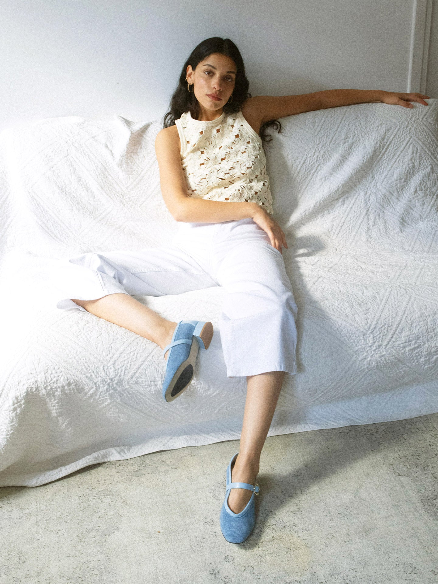 Blue Ballet Flats In Italian Printed suede For Women - Heel 2.5 cm - Carolia Jean - Lifestyle Sitting Pose