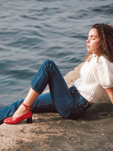 Chaussures femme élégantes et confortables - Ballerines Rouges Cuir nappa d&#39;Italie Femme - Talon 5 cm - Perri Red - Portées Assise