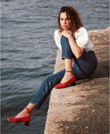Chaussures femme élégantes et confortables - Ballerines Rouges Cuir nappa d&#39;Italie Femme - Talon 5 cm - Perri Red - Portées Assise