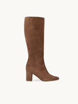 Chaussures femme élégantes et confortables - Bottes Marron Daim Espagne Femme - Talon 6.5 cm - Freya Suede Praline - Packshot Trois Quart
