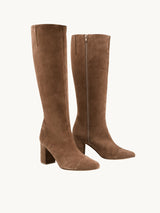 Chaussures femme élégantes et confortables - Bottes Marron Daim Espagne Femme - Talon 6.5 cm - Freya Suede Praline - Packshot Trois Quart
