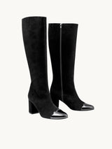 Chaussures femme élégantes et confortables - Bottes Noires Cuir verni d&#39;Espagne Femme - Talon 6.5 cm - Freya Suede Black - Packshot Trois Quart