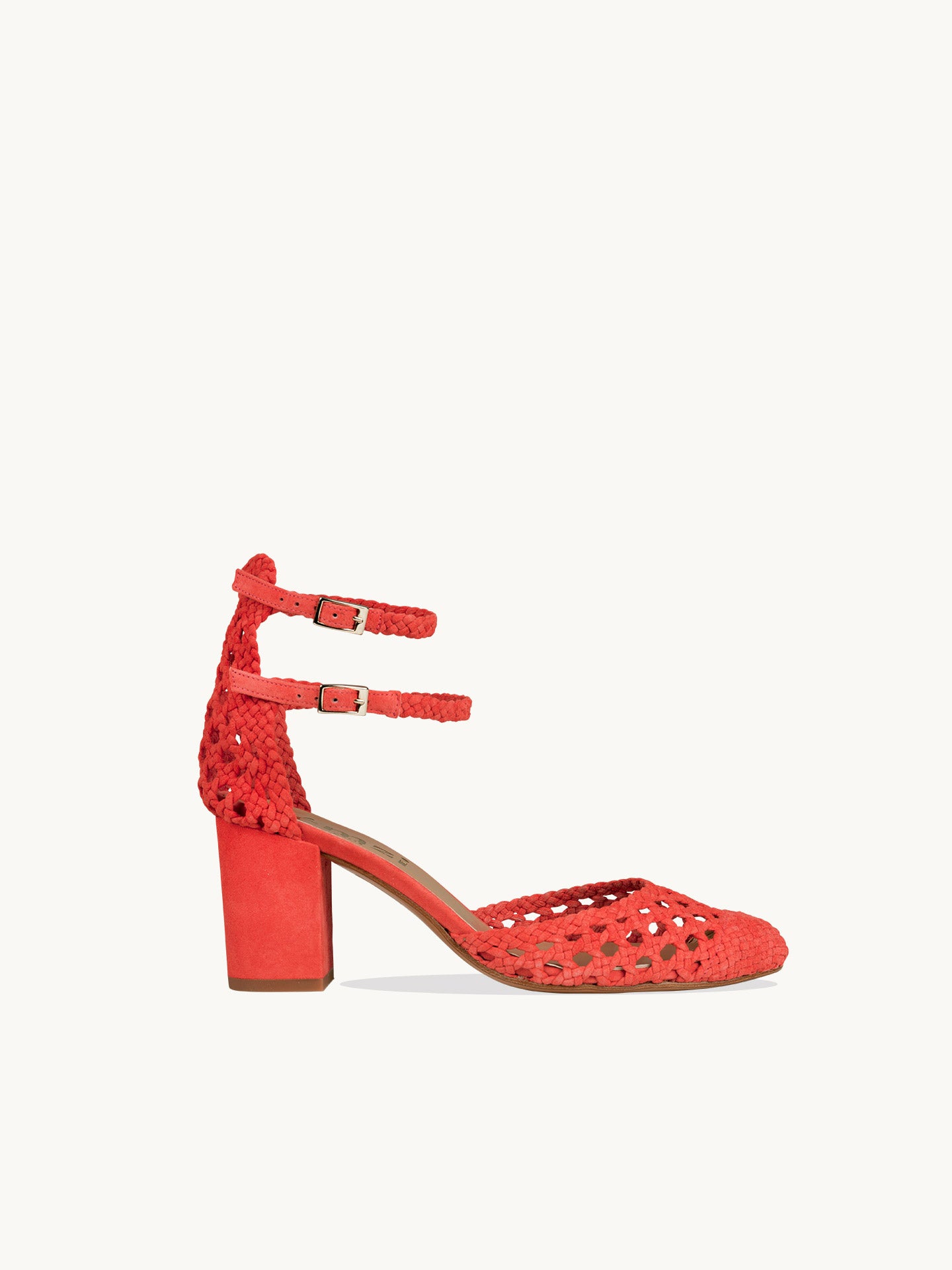 Red Braided Heeled Sandals in Leather Woven | Flavie Woven coral