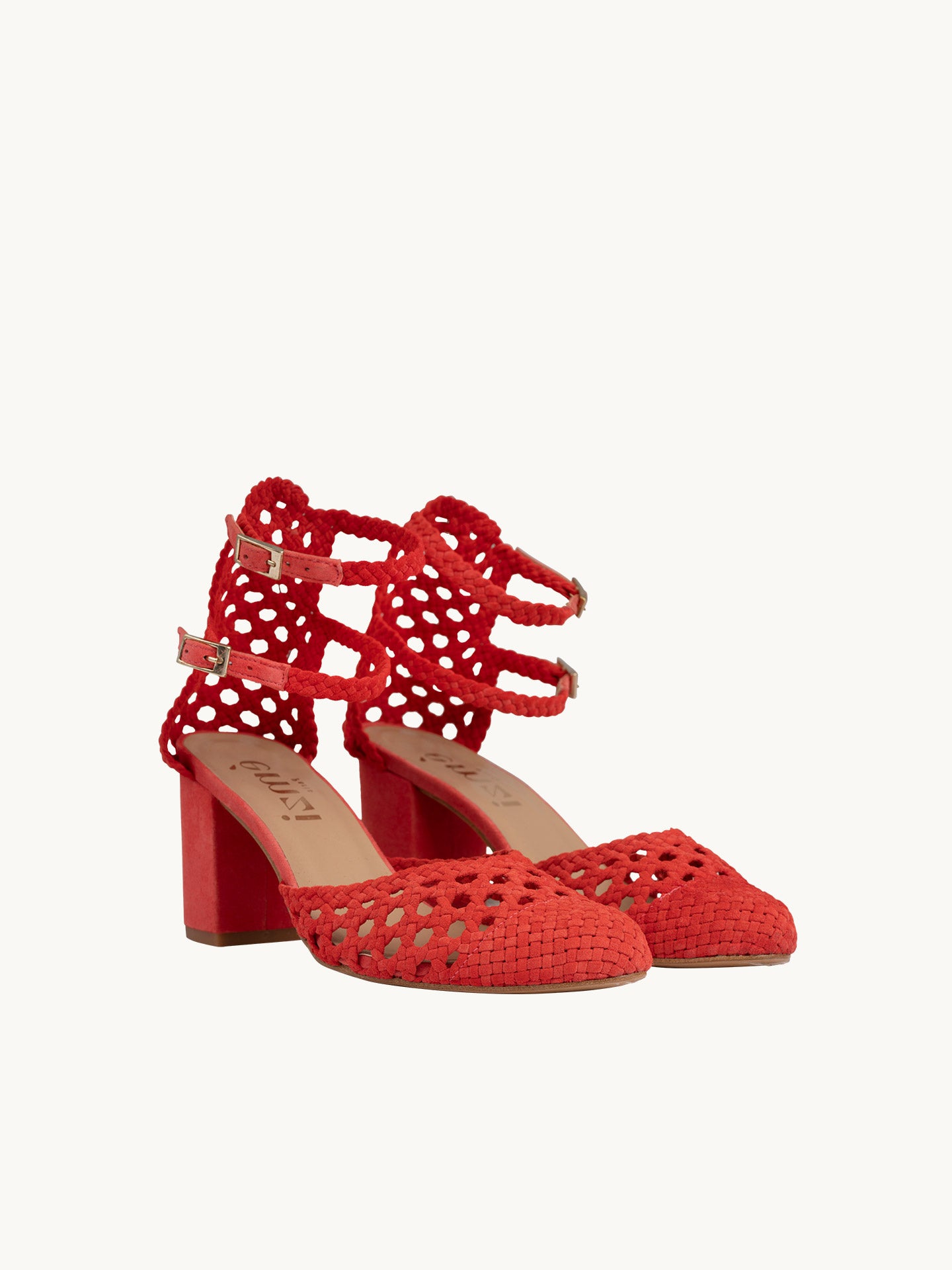 Red Braided Heeled Sandals in Leather Woven | Flavie Woven coral