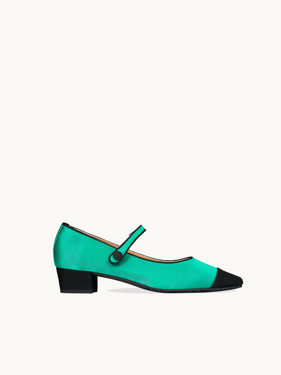 Ballerines Pointues en Satin Vert | Petit Talon | BAMBIE SATIN EMERAUDE