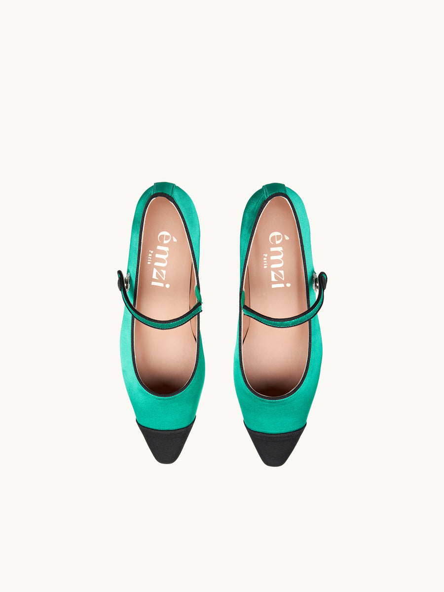 Ballerines Pointues en Satin Vert | Petit Talon | BAMBIE SATIN EMERAUDE