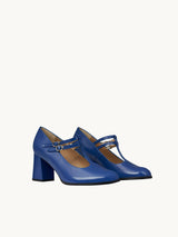 Blue T-strap Mary Janes In Spanish Patent Leather For Women - Heel 6 cm - Rey Royal Blue - Three-Quarter Packshot