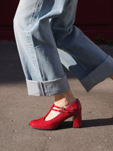 Chaussures femme élégantes et confortables - Salomés Rouges Cuir Verni Espagne Femme - Talon 6 cm - Rey Red - Portées En Marche